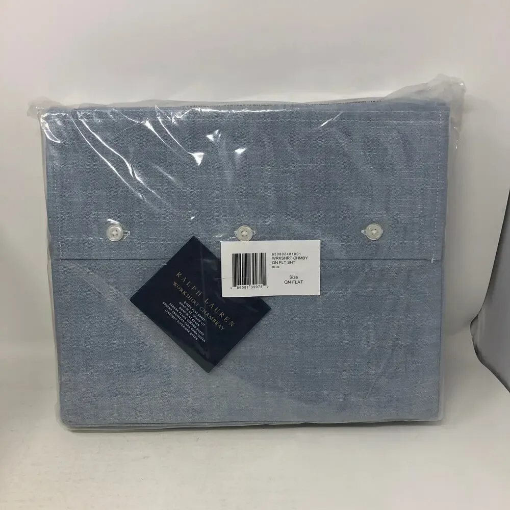 New Ralph Lauren Home Queen Flat Sheet Workshirt Chambray Blue